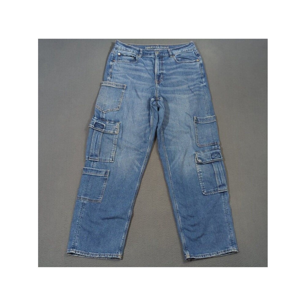 American Eagle Jeans Women's 8 Blue Super High Rise Baggy Straight Cargo Denim